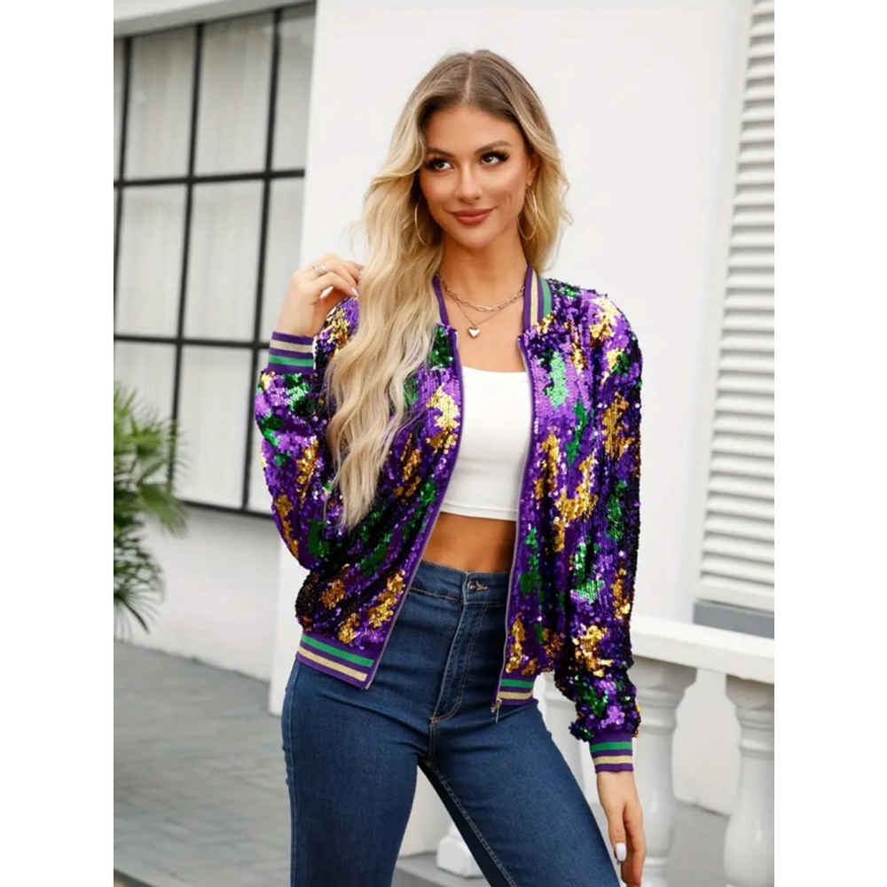 Mardi Gras Purple, Green and Gold Sequins Zip Up Jacket - Picture 4 of 7